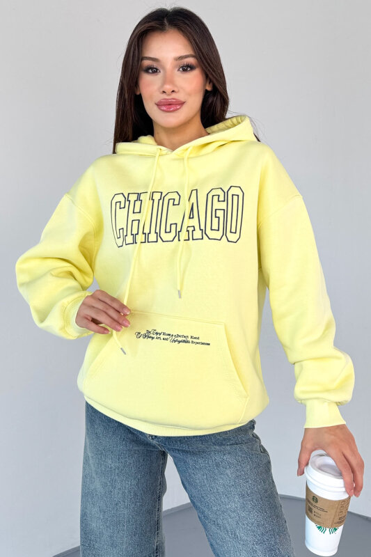 SWT-1682 Sarı Chicago Baskılı Kapüşonlu Kanguru Cep Hoodie - 5