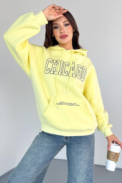 SWT-1682 Sarı Chicago Baskılı Kapüşonlu Kanguru Cep Hoodie - 2