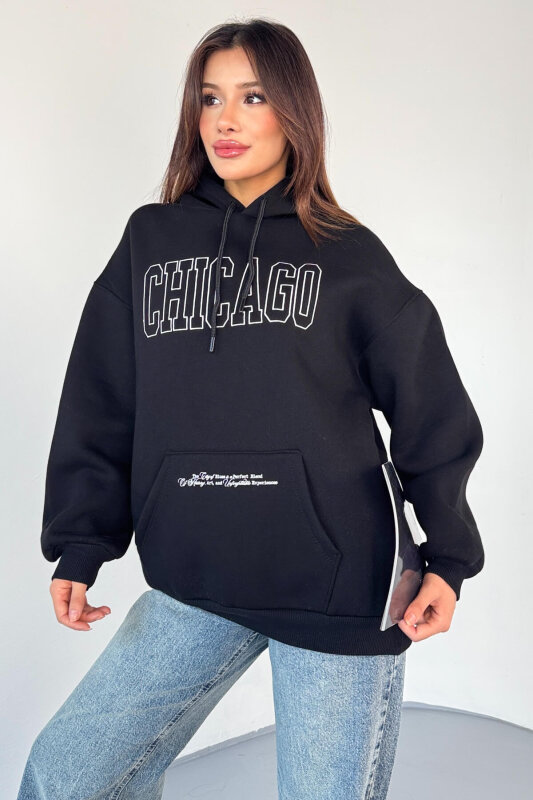SWT-1682 Siyah Chicago Baskılı Kapüşonlu Kanguru Cep Hoodie - 2