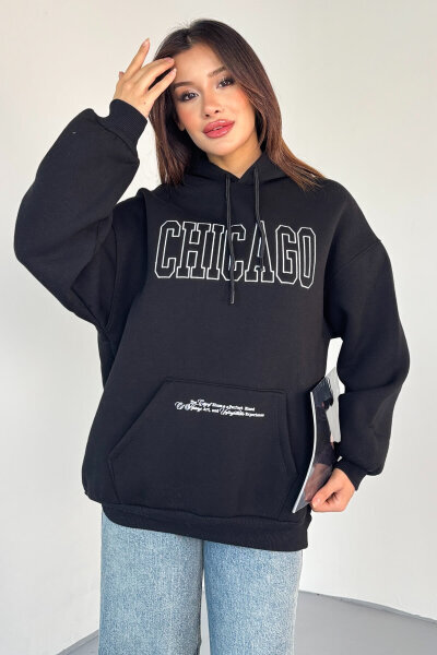 SWT-1682 Siyah Chicago Baskılı Kapüşonlu Kanguru Cep Hoodie  - 3