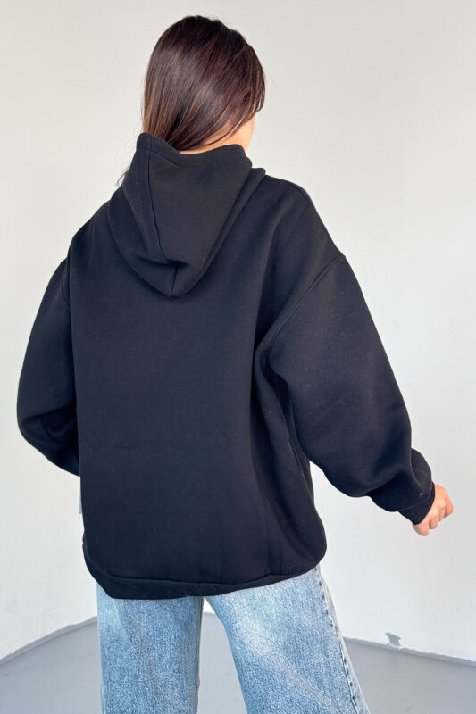 SWT-1682 Siyah Chicago Baskılı Kapüşonlu Kanguru Cep Hoodie - 4
