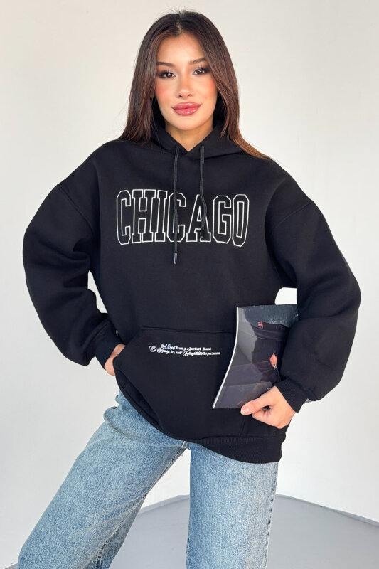 SWT-1682 Siyah Chicago Baskılı Kapüşonlu Kanguru Cep Hoodie - 6