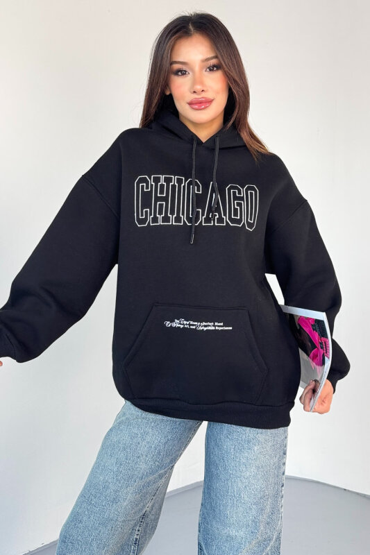 SWT-1682 Siyah Chicago Baskılı Kapüşonlu Kanguru Cep Hoodie - 7