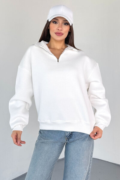 SWT-1870 Beyaz Yarım Fermuarlı Yüksek Yaka Basic Sweatshirt (1)