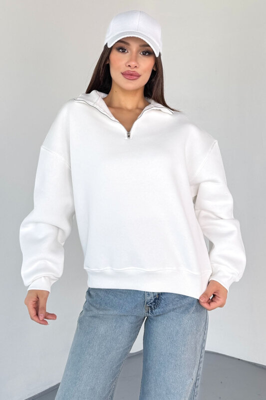 SWT-1870 Beyaz Yarım Fermuarlı Yüksek Yaka Basic Sweatshirt - 2