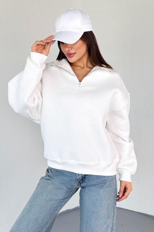 SWT-1870 Beyaz Yarım Fermuarlı Yüksek Yaka Basic Sweatshirt - 1