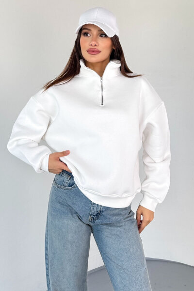 SWT-1870 Beyaz Yarım Fermuarlı Yüksek Yaka Basic Sweatshirt - 3