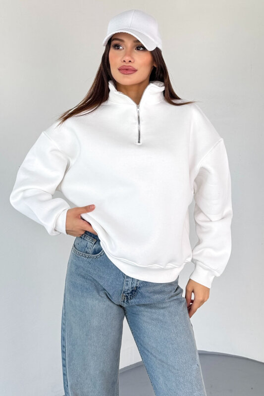 SWT-1870 Beyaz Yarım Fermuarlı Yüksek Yaka Basic Sweatshirt - 3