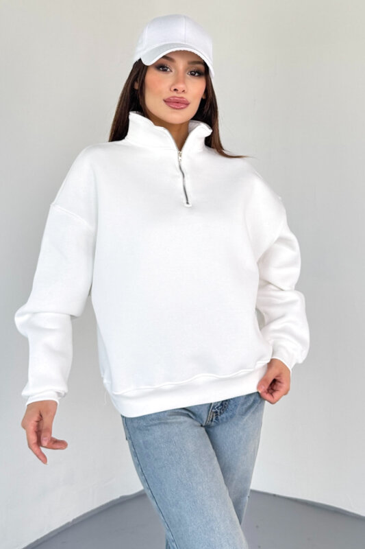 SWT-1870 Beyaz Yarım Fermuarlı Yüksek Yaka Basic Sweatshirt - 4