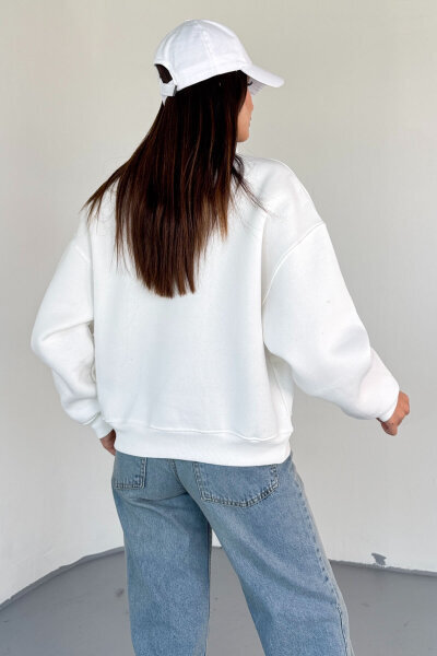 SWT-1870 Beyaz Yarım Fermuarlı Yüksek Yaka Basic Sweatshirt - 5