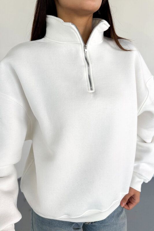 SWT-1870 Beyaz Yarım Fermuarlı Yüksek Yaka Basic Sweatshirt - 6
