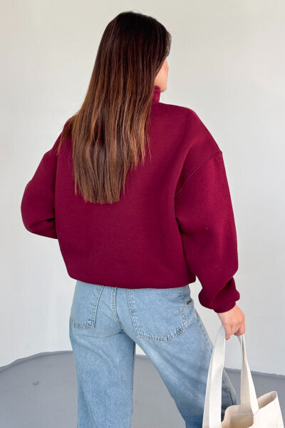 SWT-1870 Bordo Yarım Fermuarlı Yüksek Yaka Basic Sweatshirt - 3