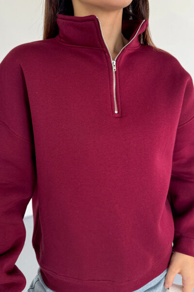 SWT-1870 Bordo Yarım Fermuarlı Yüksek Yaka Basic Sweatshirt (1)