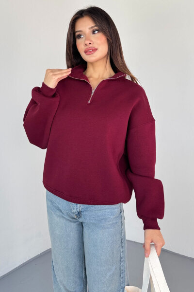 SWT-1870 Bordo Yarım Fermuarlı Yüksek Yaka Basic Sweatshirt - 5