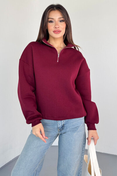 SWT-1870 Bordo Yarım Fermuarlı Yüksek Yaka Basic Sweatshirt - 6