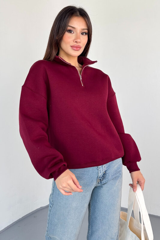SWT-1870 Bordo Yarım Fermuarlı Yüksek Yaka Basic Sweatshirt - 7