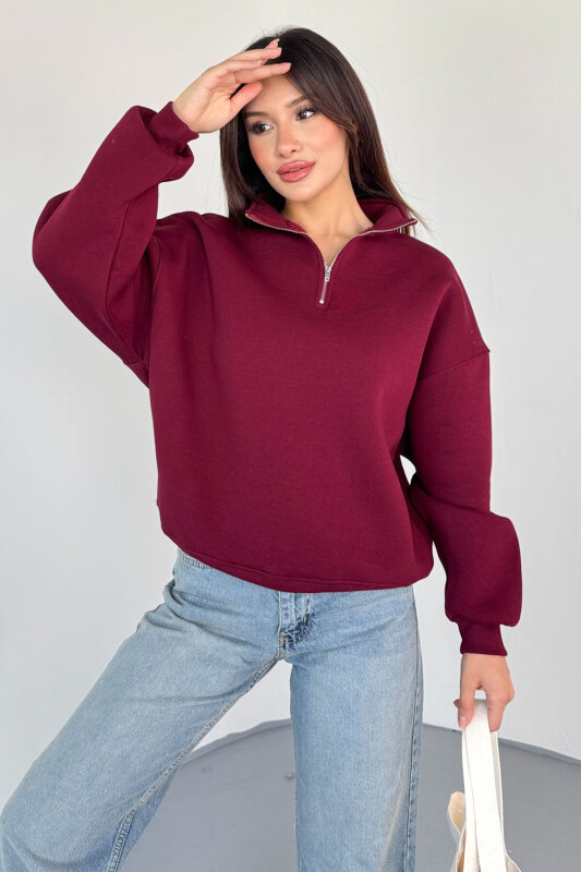 SWT-1870 Bordo Yarım Fermuarlı Yüksek Yaka Basic Sweatshirt - 1