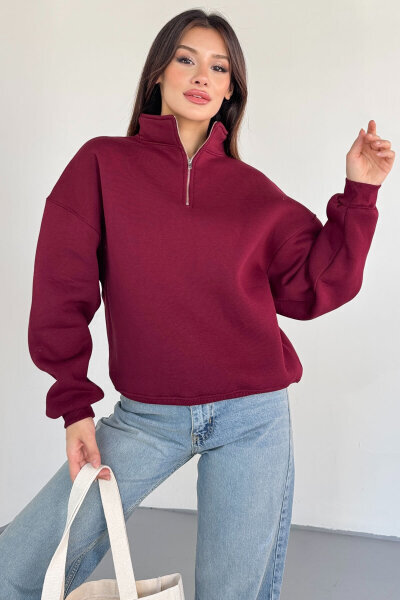 SWT-1870 Bordo Yarım Fermuarlı Yüksek Yaka Basic Sweatshirt - 4