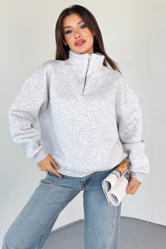 SWT-1870 Gri Yarım Fermuarlı Yüksek Yaka Basic Sweatshirt - 1