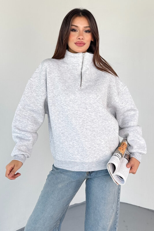 SWT-1870 Gri Yarım Fermuarlı Yüksek Yaka Basic Sweatshirt - 3