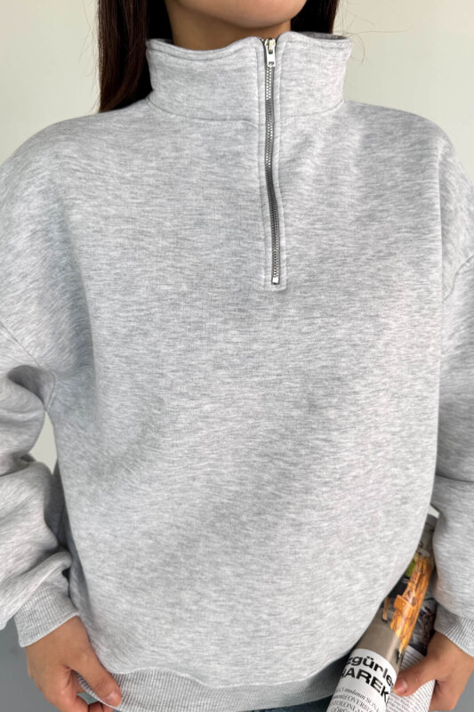 SWT-1870 Gri Yarım Fermuarlı Yüksek Yaka Basic Sweatshirt - 6