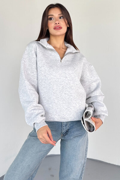 SWT-1870 Gri Yarım Fermuarlı Yüksek Yaka Basic Sweatshirt - 7
