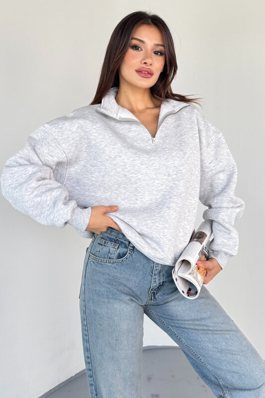 SWT-1870 Gri Yarım Fermuarlı Yüksek Yaka Basic Sweatshirt - 5