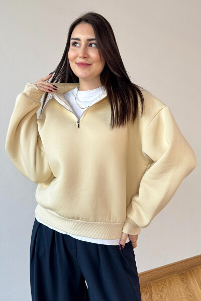 SWT-1870 Krem Yarım Fermuarlı Yüksek Yaka Basic Sweatshirt - 4