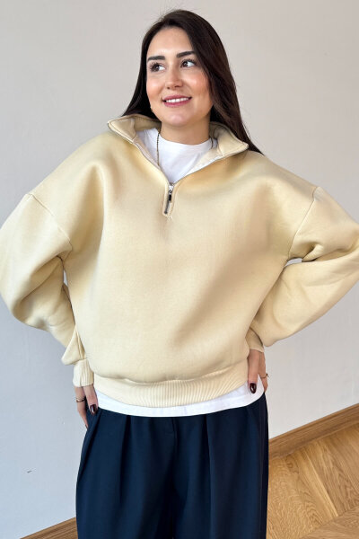 SWT-1870 Krem Yarım Fermuarlı Yüksek Yaka Basic Sweatshirt - 3