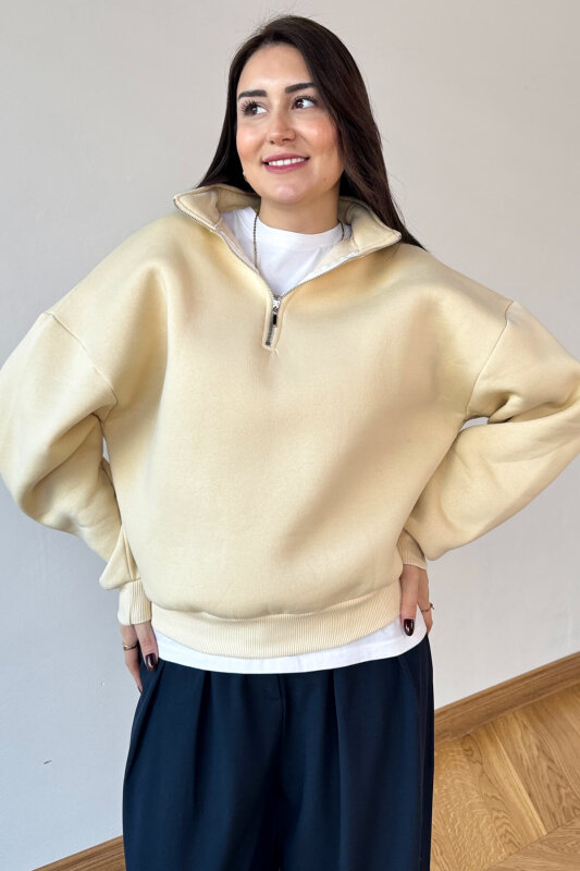 SWT-1870 Krem Yarım Fermuarlı Yüksek Yaka Basic Sweatshirt - 3