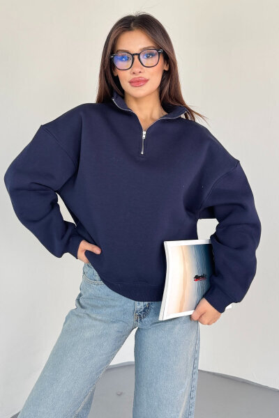 SWT-1870 Lacivert Yarım Fermuarlı Yüksek Yaka Basic Sweatshirt (1)