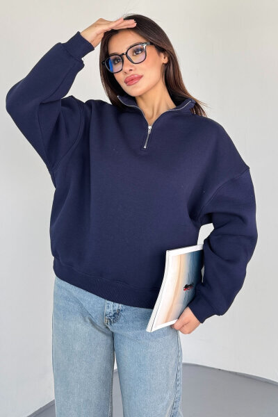 SWT-1870 Lacivert Yarım Fermuarlı Yüksek Yaka Basic Sweatshirt - 3
