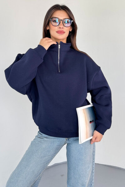 SWT-1870 Lacivert Yarım Fermuarlı Yüksek Yaka Basic Sweatshirt - 4