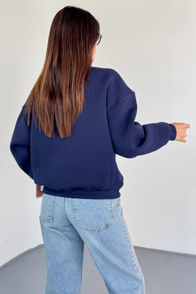 SWT-1870 Lacivert Yarım Fermuarlı Yüksek Yaka Basic Sweatshirt - 5