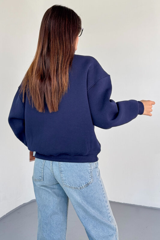 SWT-1870 Lacivert Yarım Fermuarlı Yüksek Yaka Basic Sweatshirt - 5
