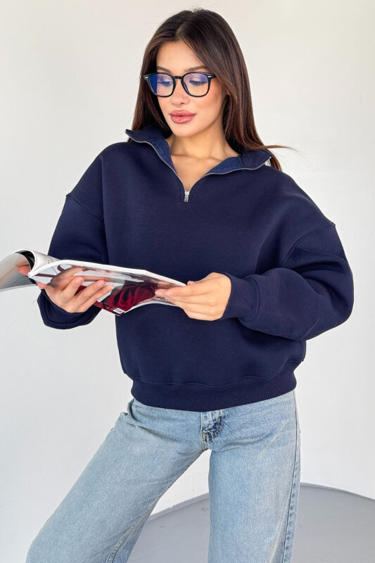 SWT-1870 Lacivert Yarım Fermuarlı Yüksek Yaka Basic Sweatshirt - 1