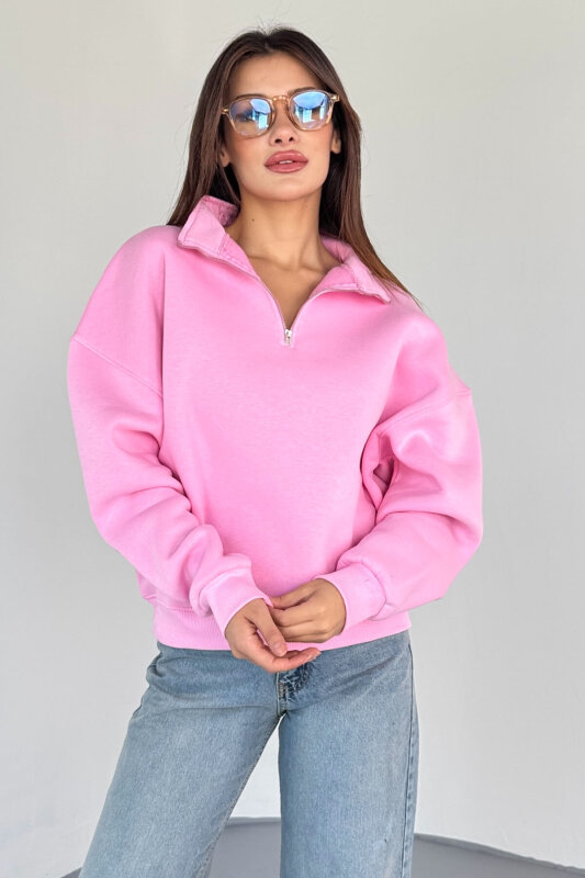 SWT-1870 Pembe Yarım Fermuarlı Yüksek Yaka Basic Sweatshirt - 1