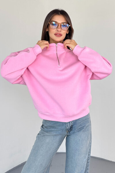 SWT-1870 Pembe Yarım Fermuarlı Yüksek Yaka Basic Sweatshirt (1)