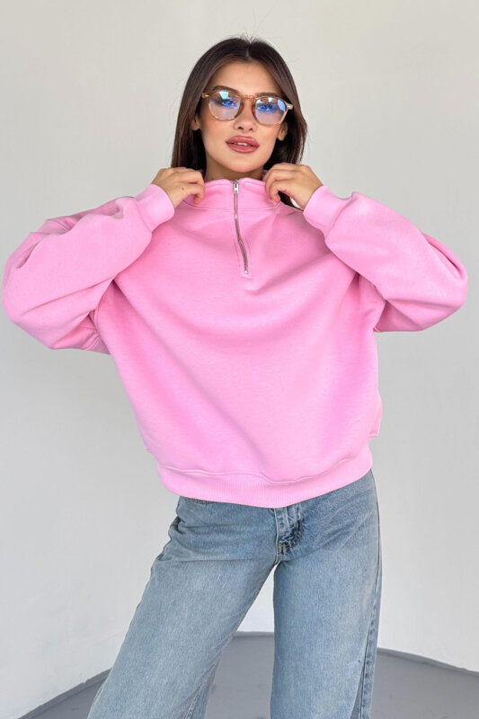 SWT-1870 Pembe Yarım Fermuarlı Yüksek Yaka Basic Sweatshirt - 2
