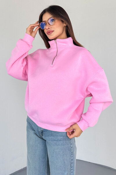 SWT-1870 Pembe Yarım Fermuarlı Yüksek Yaka Basic Sweatshirt - 3