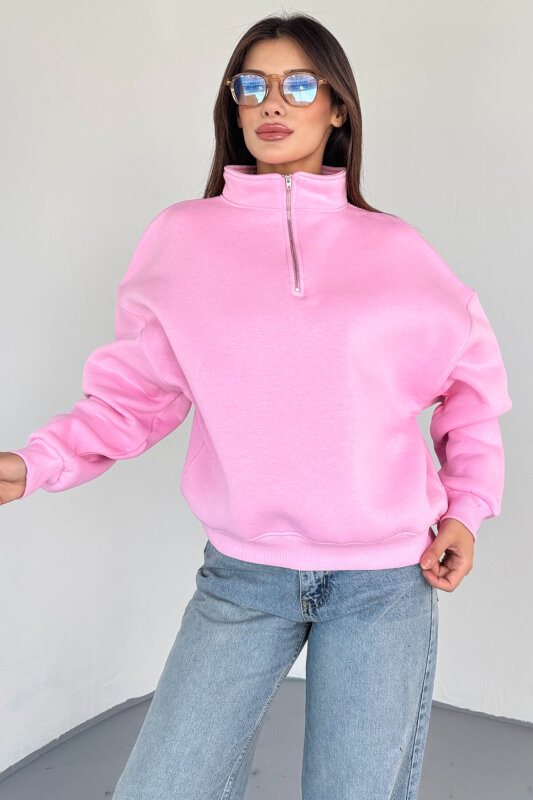 SWT-1870 Pembe Yarım Fermuarlı Yüksek Yaka Basic Sweatshirt - 4