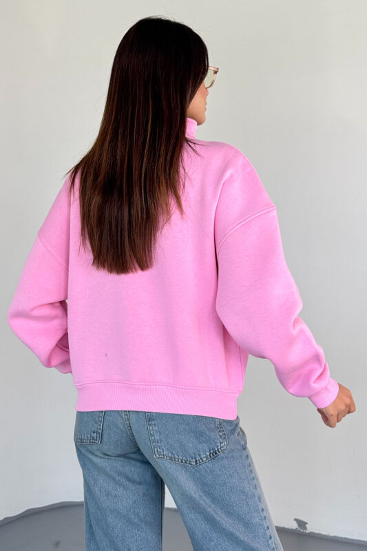 SWT-1870 Pembe Yarım Fermuarlı Yüksek Yaka Basic Sweatshirt - 5