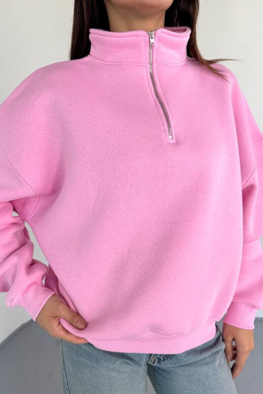 SWT-1870 Pembe Yarım Fermuarlı Yüksek Yaka Basic Sweatshirt - 6