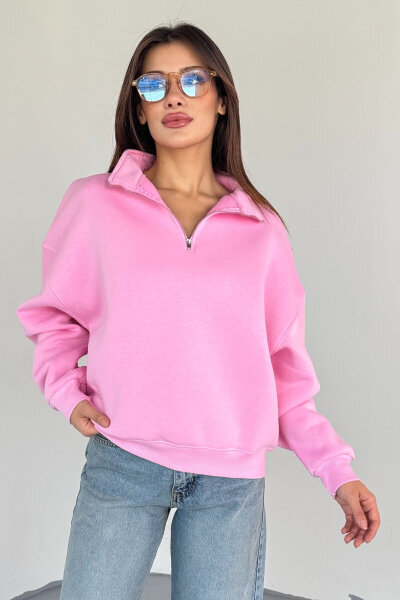 SWT-1870 Pembe Yarım Fermuarlı Yüksek Yaka Basic Sweatshirt - 7