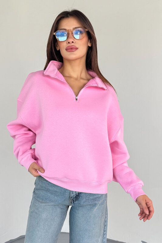 SWT-1870 Pembe Yarım Fermuarlı Yüksek Yaka Basic Sweatshirt - 7