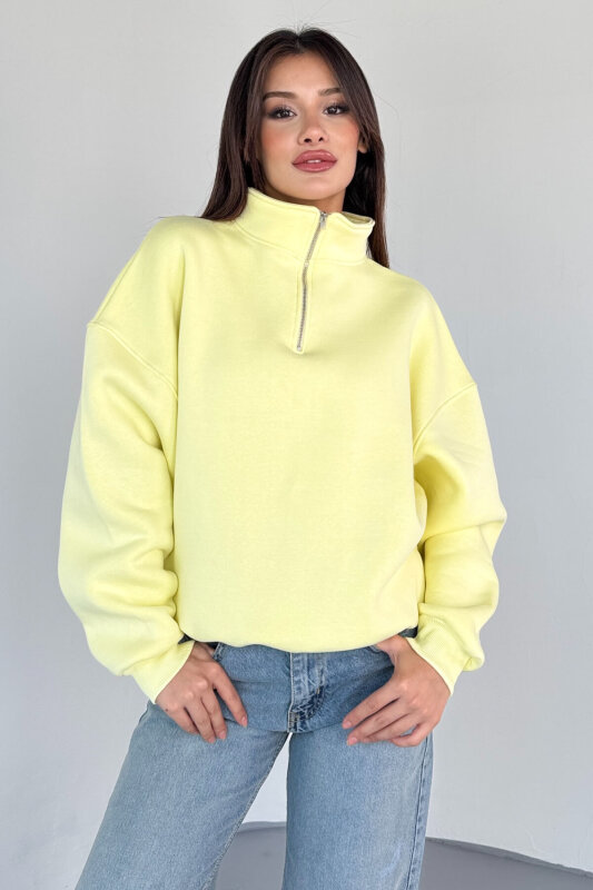 SWT-1870 Sarı Yarım Fermuarlı Yüksek Yaka Basic Sweatshirt - 3