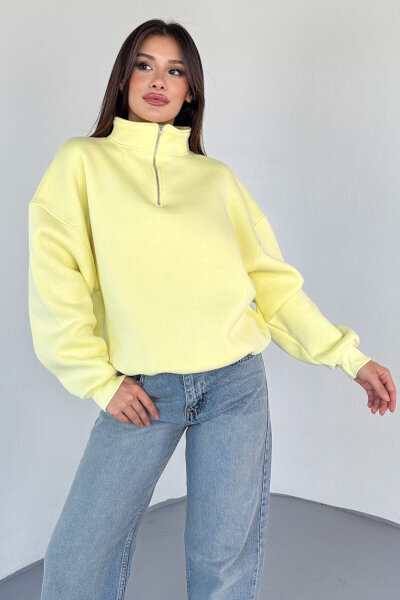 SWT-1870 Sarı Yarım Fermuarlı Yüksek Yaka Basic Sweatshirt - 4