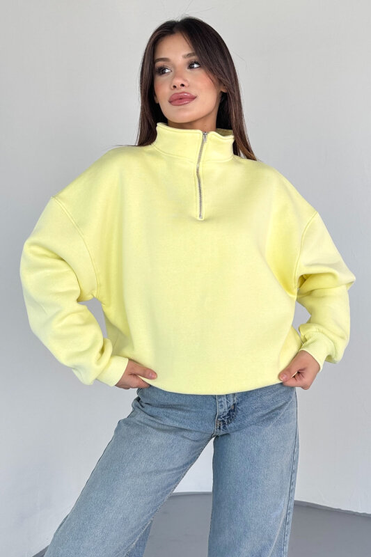 SWT-1870 Sarı Yarım Fermuarlı Yüksek Yaka Basic Sweatshirt - 2