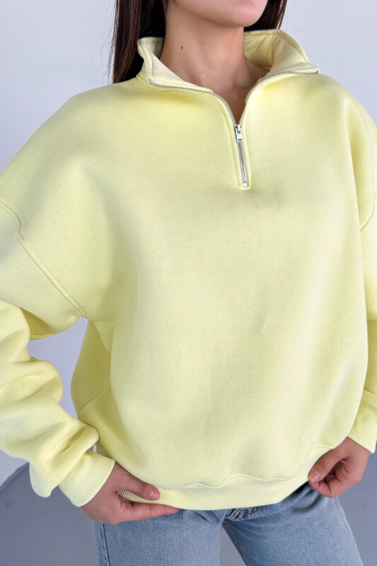 SWT-1870 Sarı Yarım Fermuarlı Yüksek Yaka Basic Sweatshirt - 6
