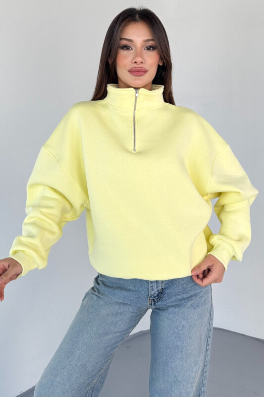 SWT-1870 Sarı Yarım Fermuarlı Yüksek Yaka Basic Sweatshirt - 7